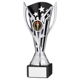 SILVER/BLK PLASTIC 'FLASH' CUP ON BLK MARBLE ASSEMBLED TROPHY (1" CEN) - 7.25in